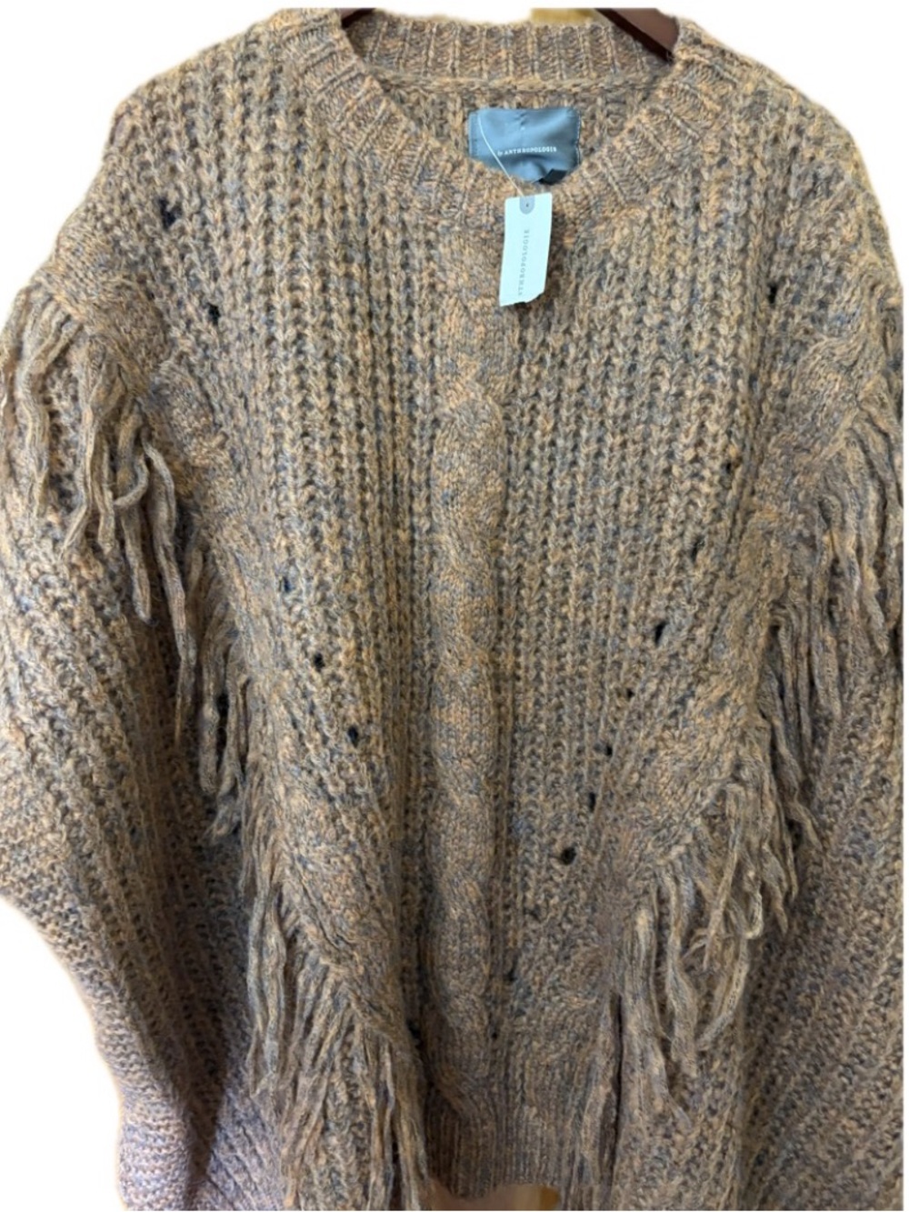 Anthropologie NWT OS Marled Fringe Cable Knit Oversized Statement Sweater-$148